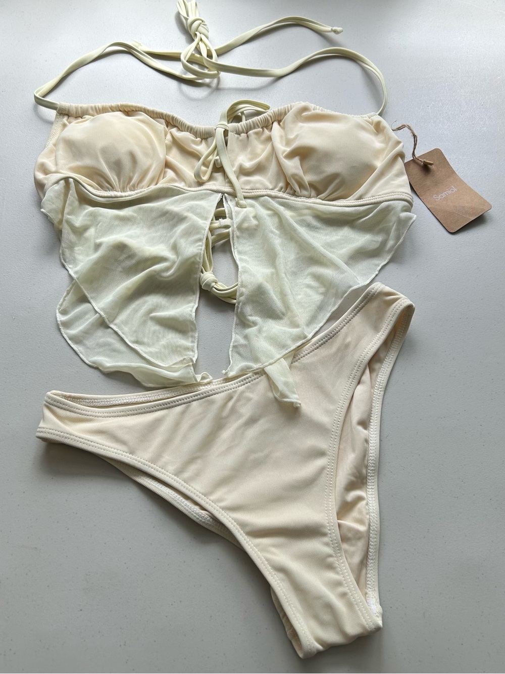 Samiol Tankini Bikini Set Medium Off White Mesh Ruched Swimwear New